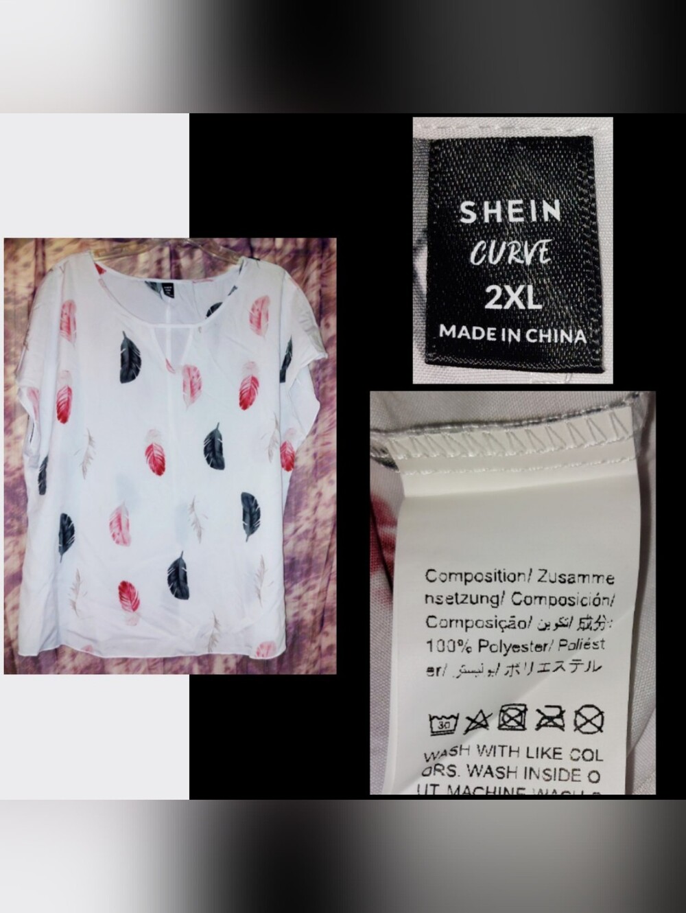 SHEIN Curve brand White/Multicolors Feathers Print Soft Woven Top Jrs Plus 2XL